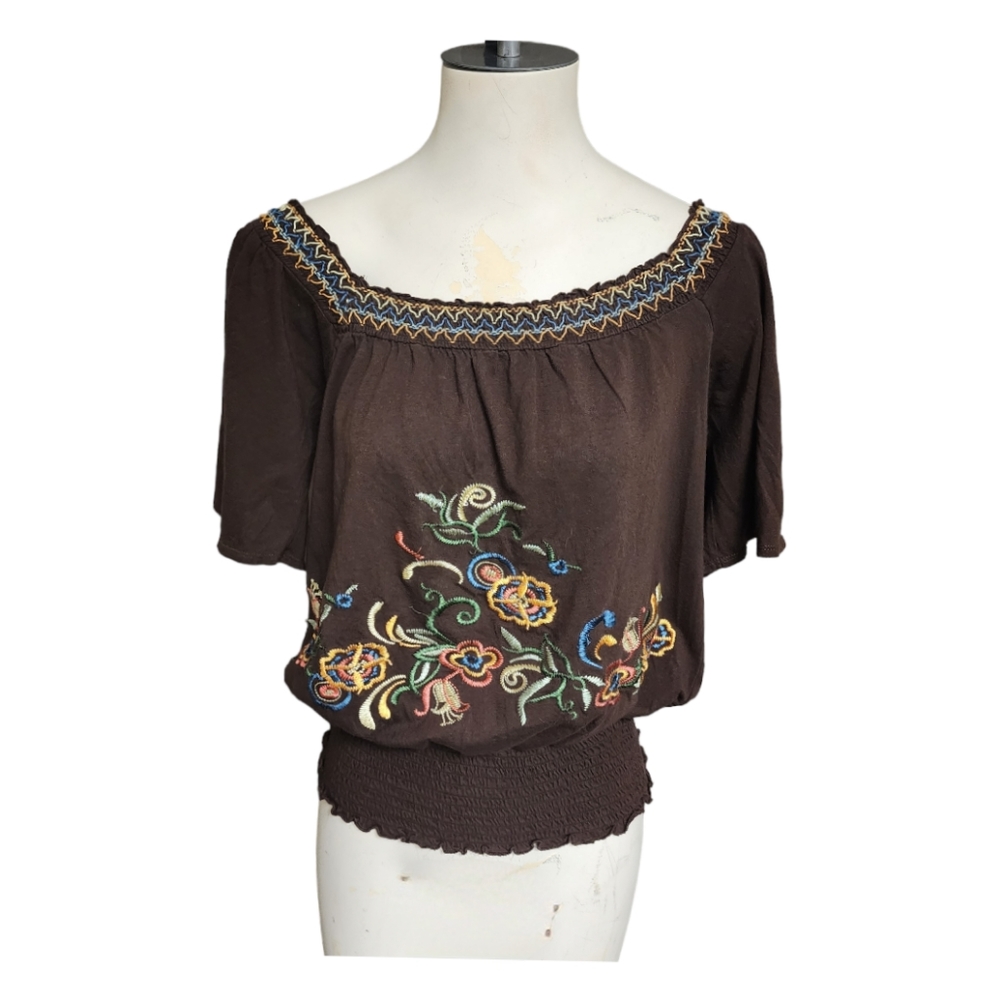 Adobe Rose Women's Pheasant Style Off Shoulder Brown Embroidered Tops Size Small